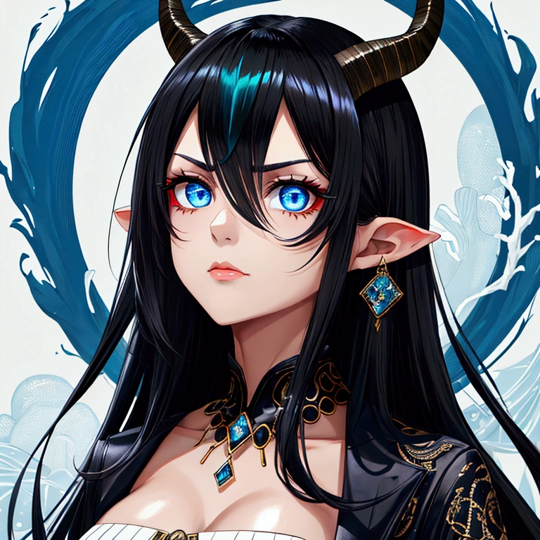 One woman, black hair with withe highlights, medium color skin, blue ocean eyes, antelope horns   expensive clothing, serious, judging face. 