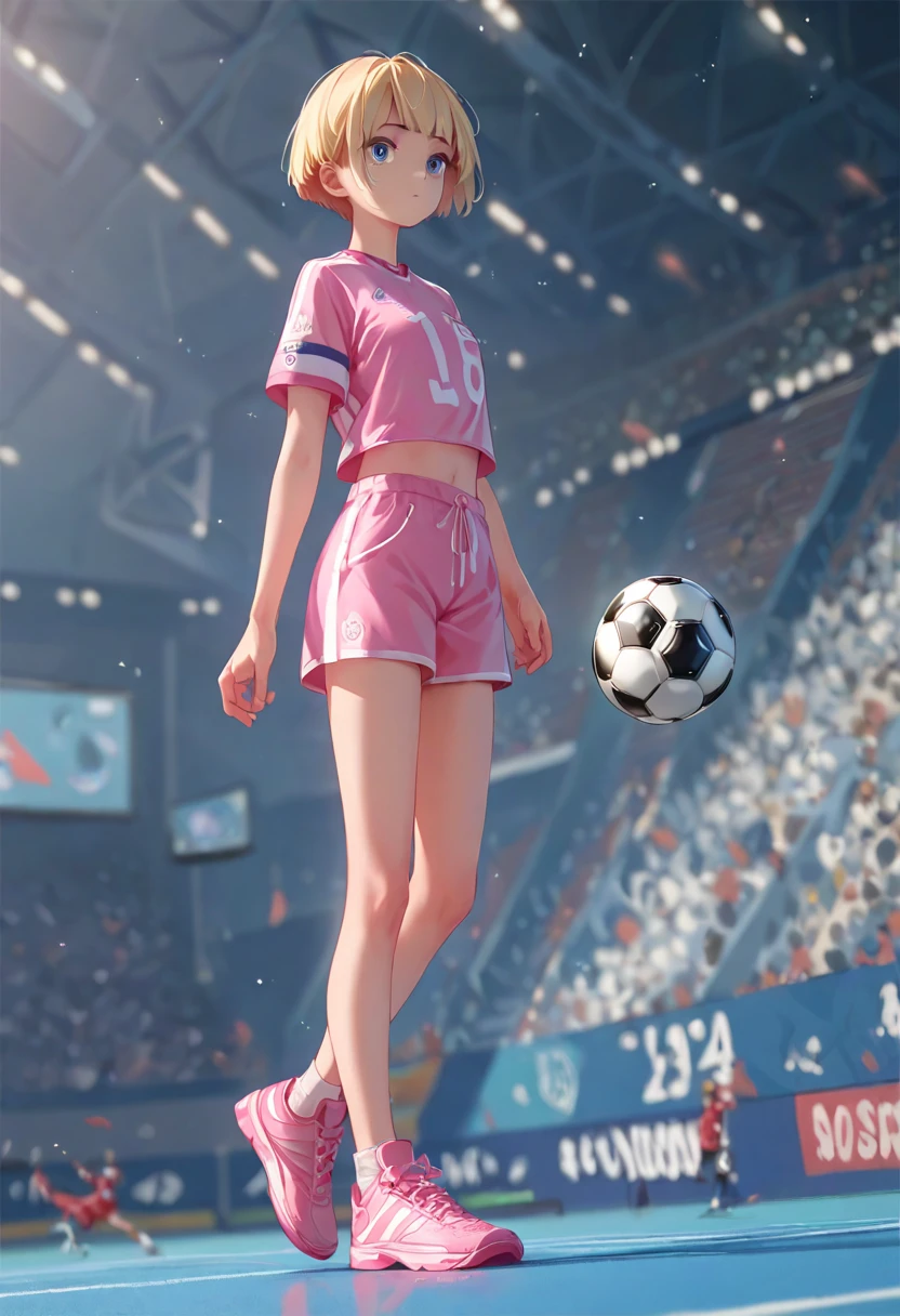 １A woman in her 30s、 full shot 、 very short cut hair、 blue eyes、Blonde、 No Emotion、 slim、Pink uniform、Pink Shoes、 Soccer Stadium 、Run towards the front、active