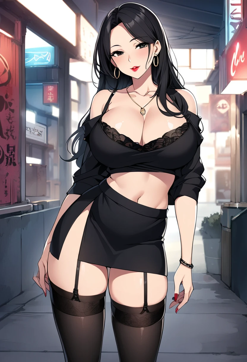  sexy beautiful mature mom, Japanese women,  big boobs, Hoop Earrings,  Black long hair , black eye, necklace, Red lipstick,  loose shirt ,  pencil skirt , Garter belt,  black stockings, 2D,  anime , Illustration