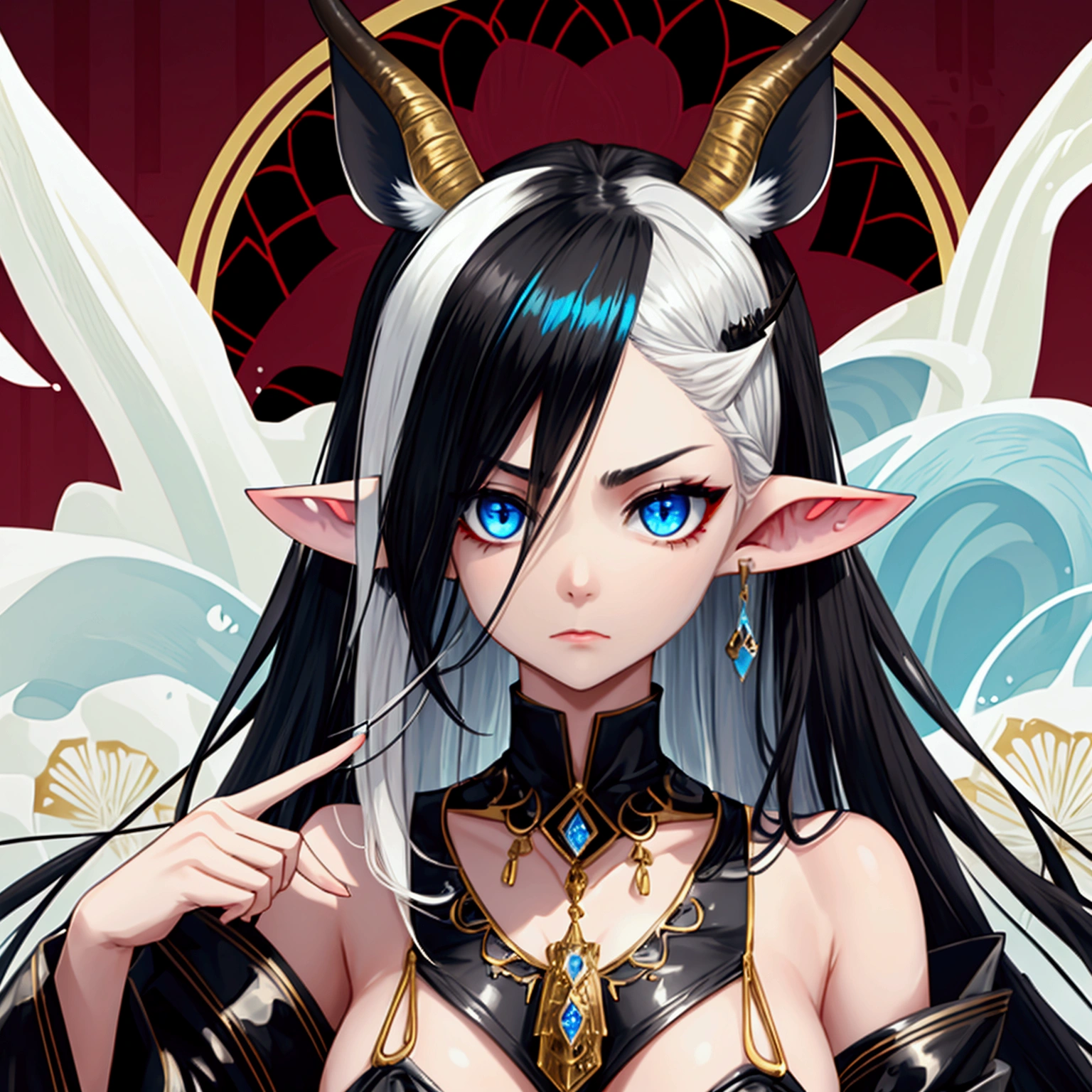 One woman, black hair with white highlights, medium color skin, blue ocean eyes, antelope horns and ears ,  expensive clothing, serious, judging face. 