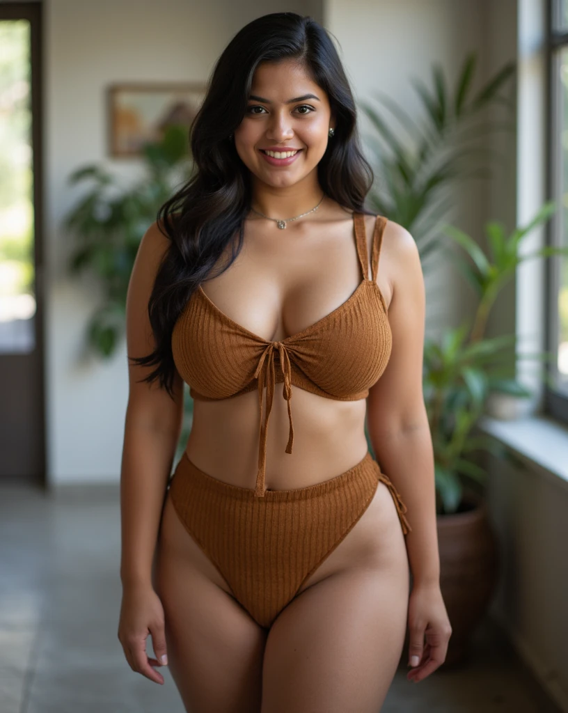 A confident, young, overweight Afghan woman stands proudly in a vibrant gym setting during the summer, flaunting a light brown, breathtakingly beautiful bikini that accentuates her curves. Her long, straight dark black hair is styled in an intricate braid that cascades down her back, a symbol of her strength and cultural heritage, as she meets the challenge of her workout routine with a radiant smile.