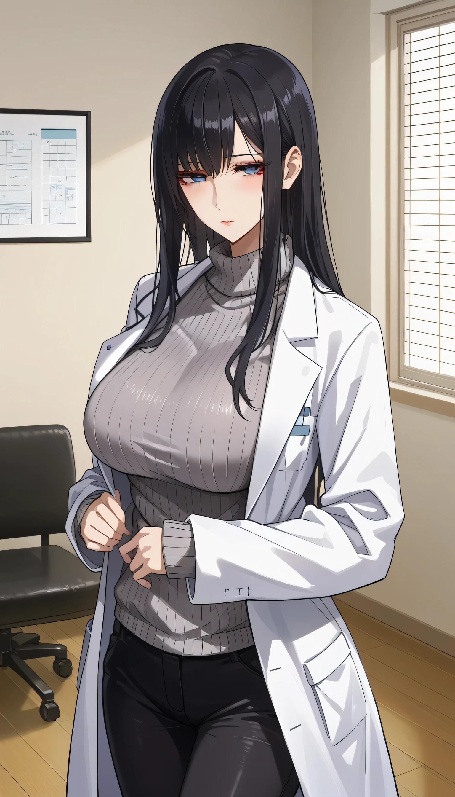  score_9,  score_8_up,  score_7_up,  source_Anime,masterpiece, best quality, BEAUTIFUL AND DETAILED EYES ,  beautiful detailed lips,  hopeless expression 、Lazy face 、Unhealthy face、 very detailed eyes and faces, tired look、 long breasts, 1 female, Put on a white coat、 sweater under a white coat, doctor、 Grey Sweater 、 grey sweater、 Dowel Dowel Sweaters、Matte Clothes 、Black Skinny、 long black pants  , Big saggy breasts, shockingly  Big Breasts ,  Big Breasts , room,  No Emotion 、 zitales, makeup、 no makeup、 black hair、 long hair、 zitales、A tired face、A painful face