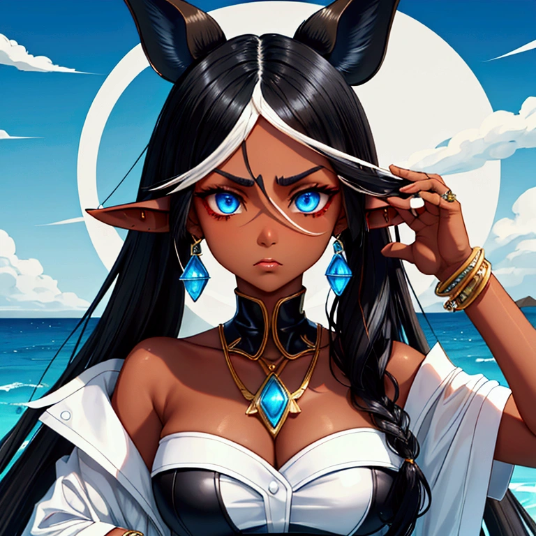 One woman, black hair with white highlights, tanned color skin, blue ocean eyes, antelope horns and ears ,  expensive clothing, serious, judging face. 