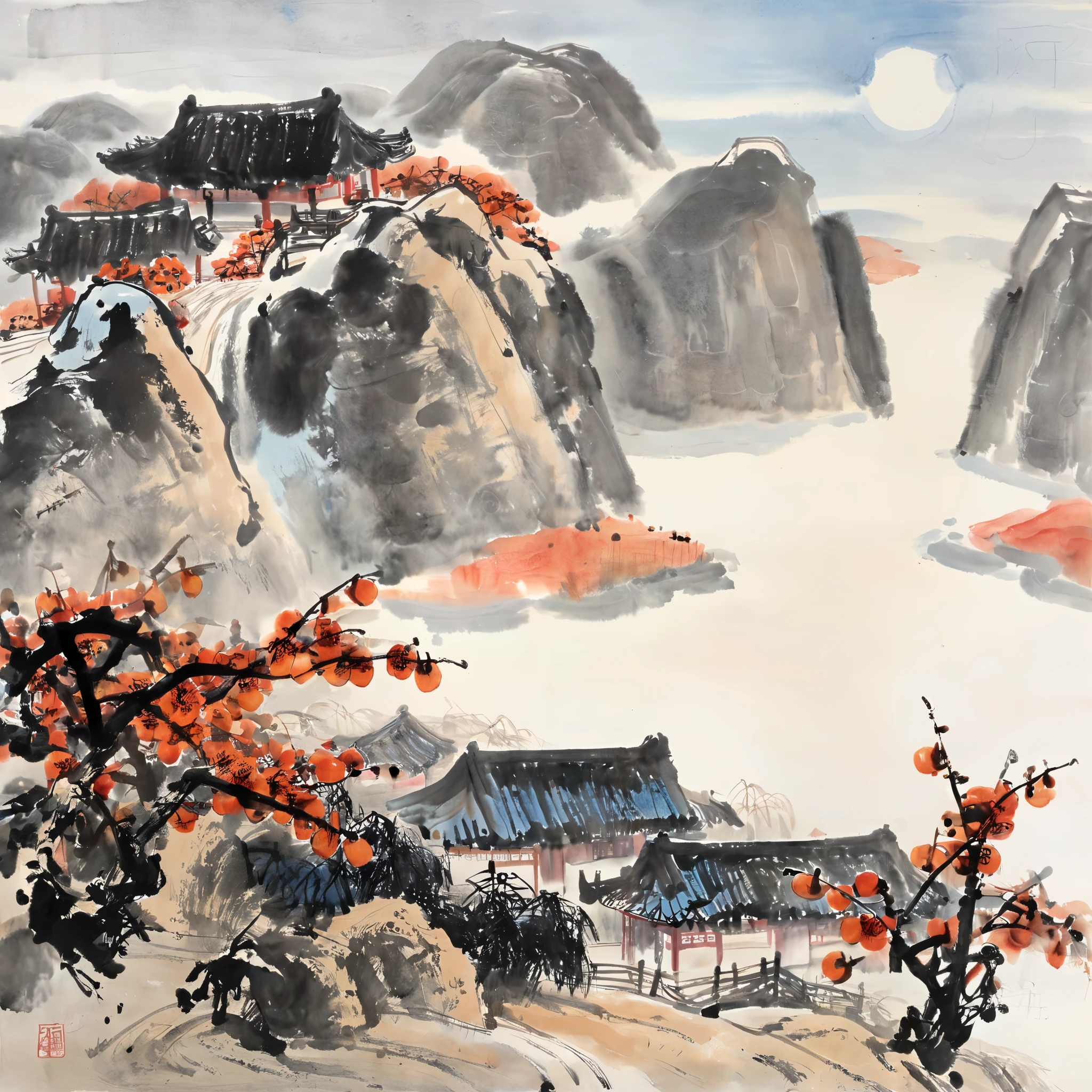 Ink painting, Chinese Painting, gugong,qi baishi, li keran, rural scenery in northern China, late autumn, orange persimmons and red persimmons, orange persimmons and red persimmons, the background is the hills and farmhouses in northern China, the whole scene is full of ink painting style, traditional Chinese brushwork, blue sky and white clouds, crisp autumn weather, official art, watercolor ink painting on parchment, beige gray, rice paper texture