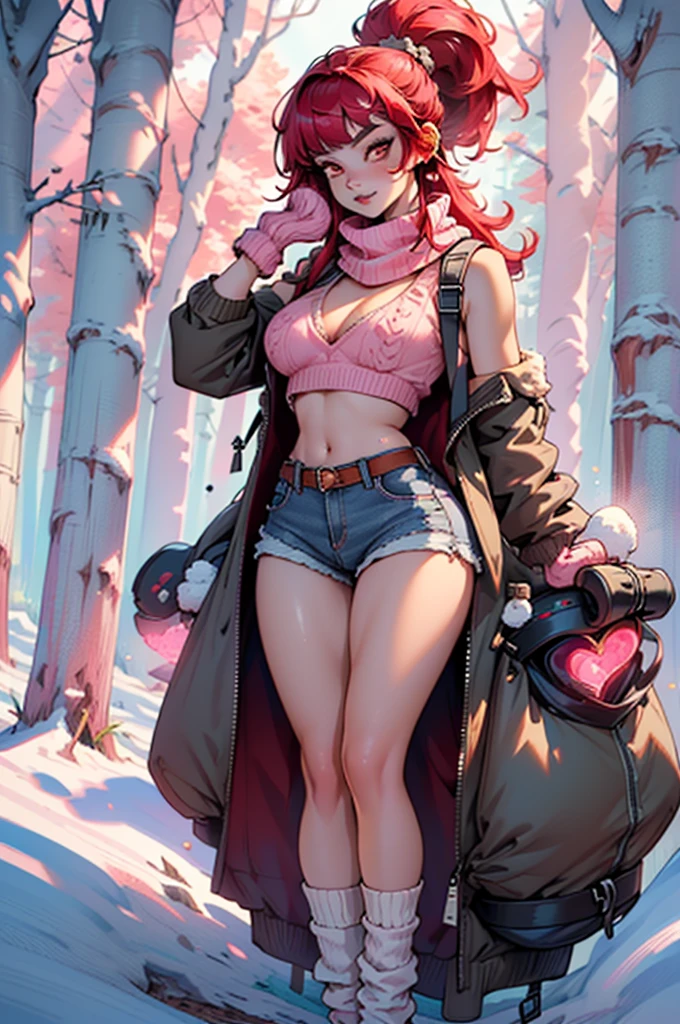 explorer girl,1girl,((extremely cute and beautiful red haired explorer girl)),(((18 years old))),(large breasts:1.4),((((red hair:1.35,absurdly long unkempt hair,ponytail red hair,bangs,colored inner hair,ear breathing)))),(((red_eyes:1.3))),intricate eyes,beautiful detailed eyes,symmetrical eyes,((((lustrous skin:1.5,tanned skin,bright skin:1.5,skin tanned,shiny skin,very shiny skin,shiny body)))),(spider lower abdomen,narrow waist,wide hip,athletic body,inflated legs,thick thighs,detailed body,(detailed face)),((heart pupils:1.5,heart:1.3,hearts:1.3,heart marks:1.3)),(ahegao face:1.5),
cute,slutty,seductive,erotic,(nsfw),
((large white socks:1.5,socks texture must be natural)),((deep V sweater:1.5)),((no bottoms)),((white mittens:1.5,white scarf:1.5),((navel)),((shorts,short shorts,denim shorts)),(((unzipped, open fly))),
(dynamic pose:1.0),embarrassed,(centered,scale to fit dimensions,Rule of thirds),
((snowy pink cherry forest:1.5,pink theme forest:1.5)),winter,scenery:1.25,((intricate scenery)),((snow forest background)),Christmas tree,
(Glossy winter ornaments),highres,sharp focus,(ultra detailed,extremely detailed),(photorealistic artwork:1.37),(extremely detailed CG unity 8k wallpaper),(((vibrant colors,vibrant theme))),(intricate),(masterpiece),(best quality),