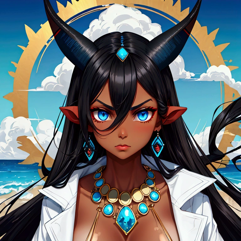 One woman, black hair with white highlights, tanned color skin, blue ocean eyes, antelope horns and ears ,  expensive clothing, serious, judging face. 