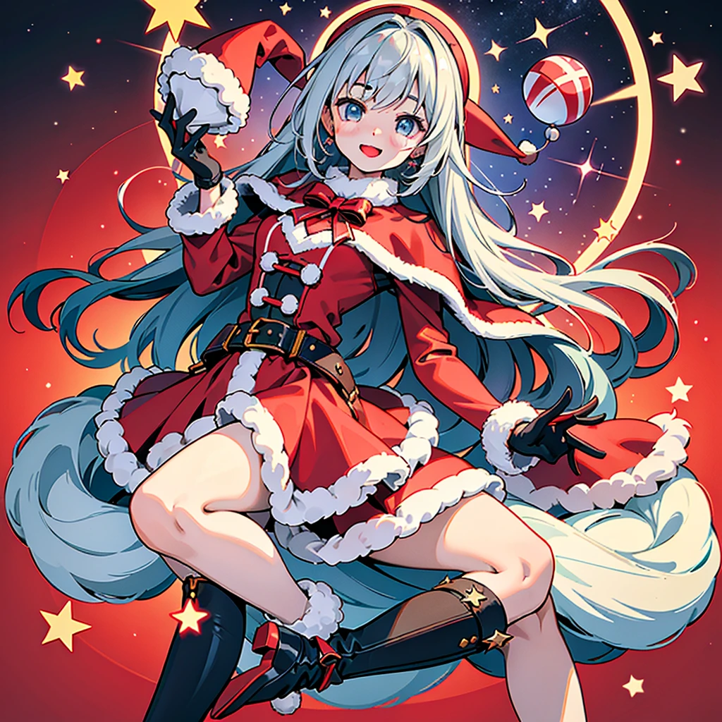 best qualtiy、tchibi、1girl in、Santa Claus Girl、santa claus、A smile、kawaii、kawaii eyes、big eye、Rabbit ears、Santa Clothes、Colossal tits、cleavage of the breast、micromini skirt、Watercolor style、