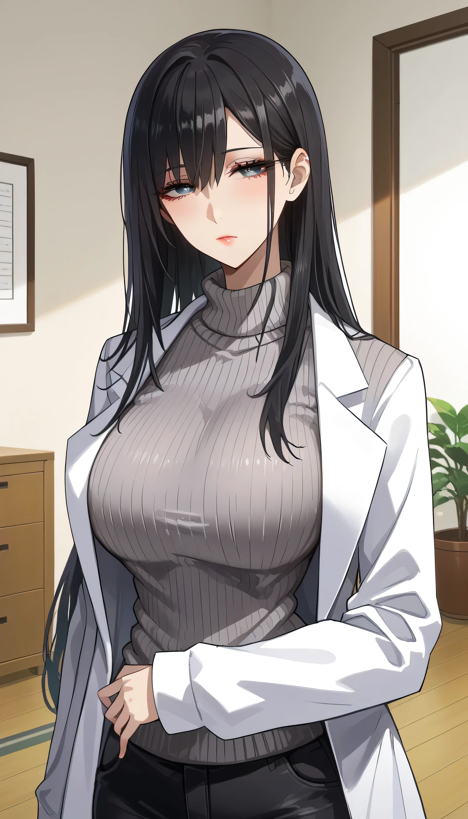  score_9,  score_8_up,  score_7_up,  source_Anime,masterpiece,Illness、 best quality, BEAUTIFUL AND DETAILED EYES ,  beautiful detailed lips,  hopeless expression 、Lazy face 、Unhealthy face、 very detailed eyes and faces, tired look、 long breasts, 1 female, Put on a white coat、 sweater under a white coat, doctor、 Grey Sweater 、 grey sweater、 Dowel Dowel Sweaters、Matte Clothes 、Black Skinny、 long black pants  , Big saggy breasts, shockingly  Big Breasts ,  Big Breasts , room,  No Emotion 、 zitales, makeup、 no makeup、 black hair、 long hair、 zitales、A tired face、A painful face