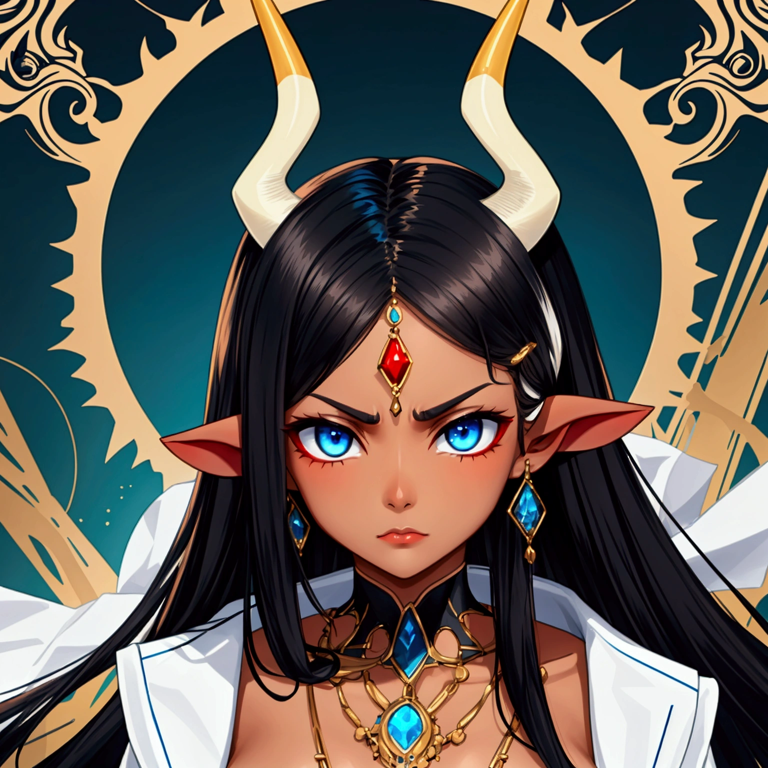 One woman, black hair with white highlights, tanned color skin, blue ocean eyes, antelope horns and ears ,  expensive clothing, serious, judging face. 