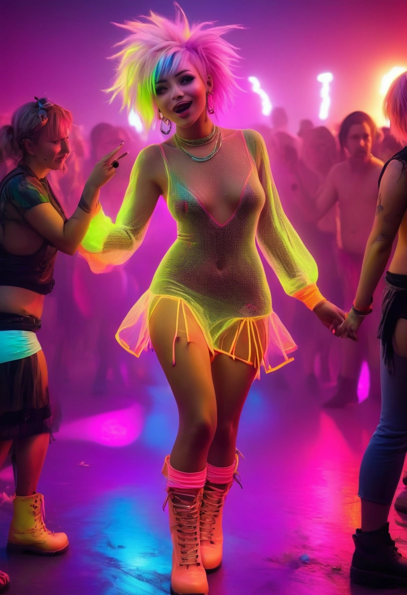 a cute woman, sheer colorful acrylic dress neon trim, neon calf boots sexy, bright colored hair, glowing contacts, no underwear. She is at a lewd Lesbian rave, women in love, shaking ass, neon rave
