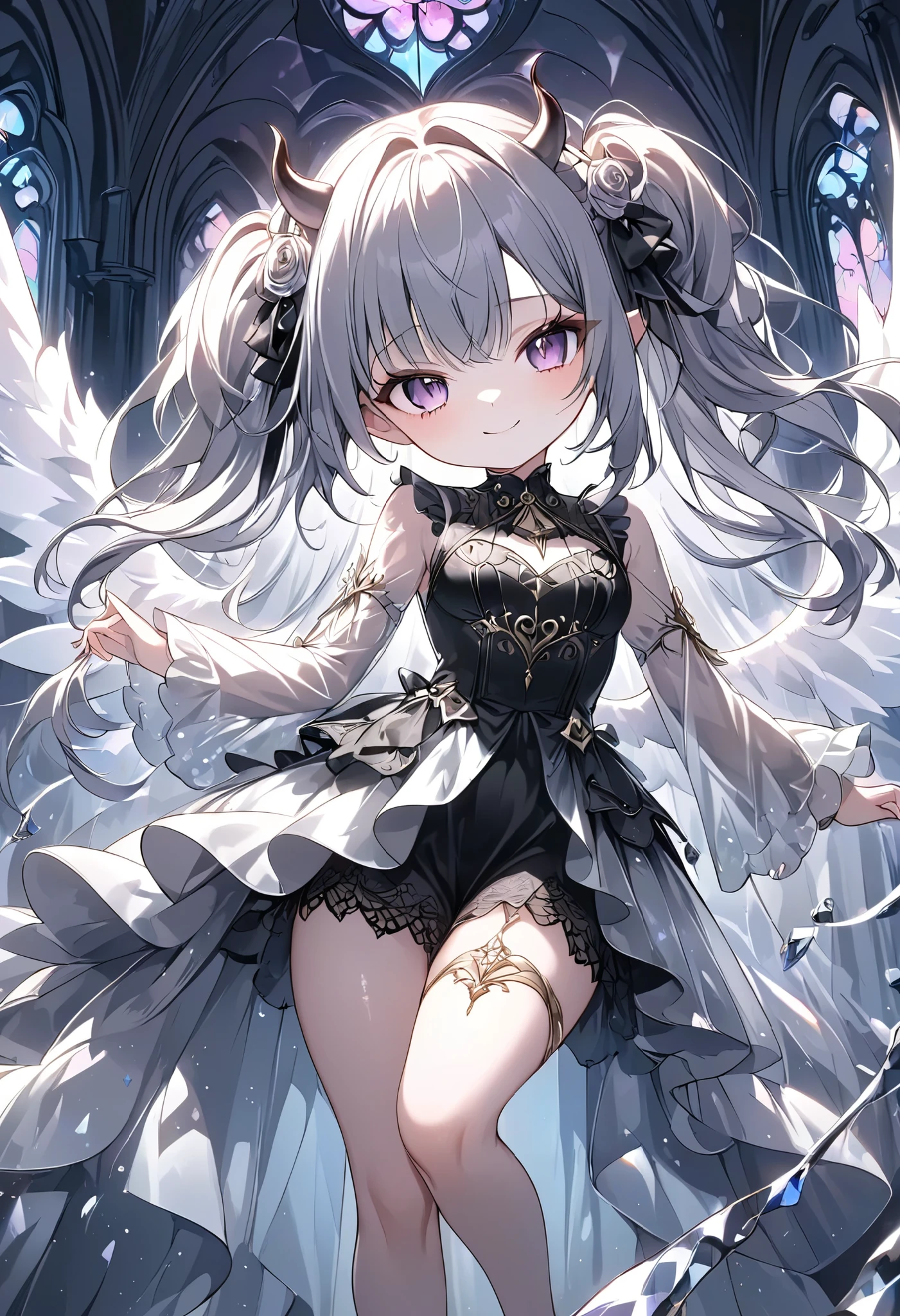 chibi, masterpiece, best quality, ultra-detailed, 1girl, dark gothic,drkgirl, demon attire, dark grow eyes, soft smile, light-filled background resembling death palace, delicate depiction crystal effect, flowing white and gold outfit, wings adorned with subtle sparkles, floating gracefully, dynamic pose, magical aura, pastel and soft lighting, whimsical and ethereal atmosphere, delicate and graceful composition