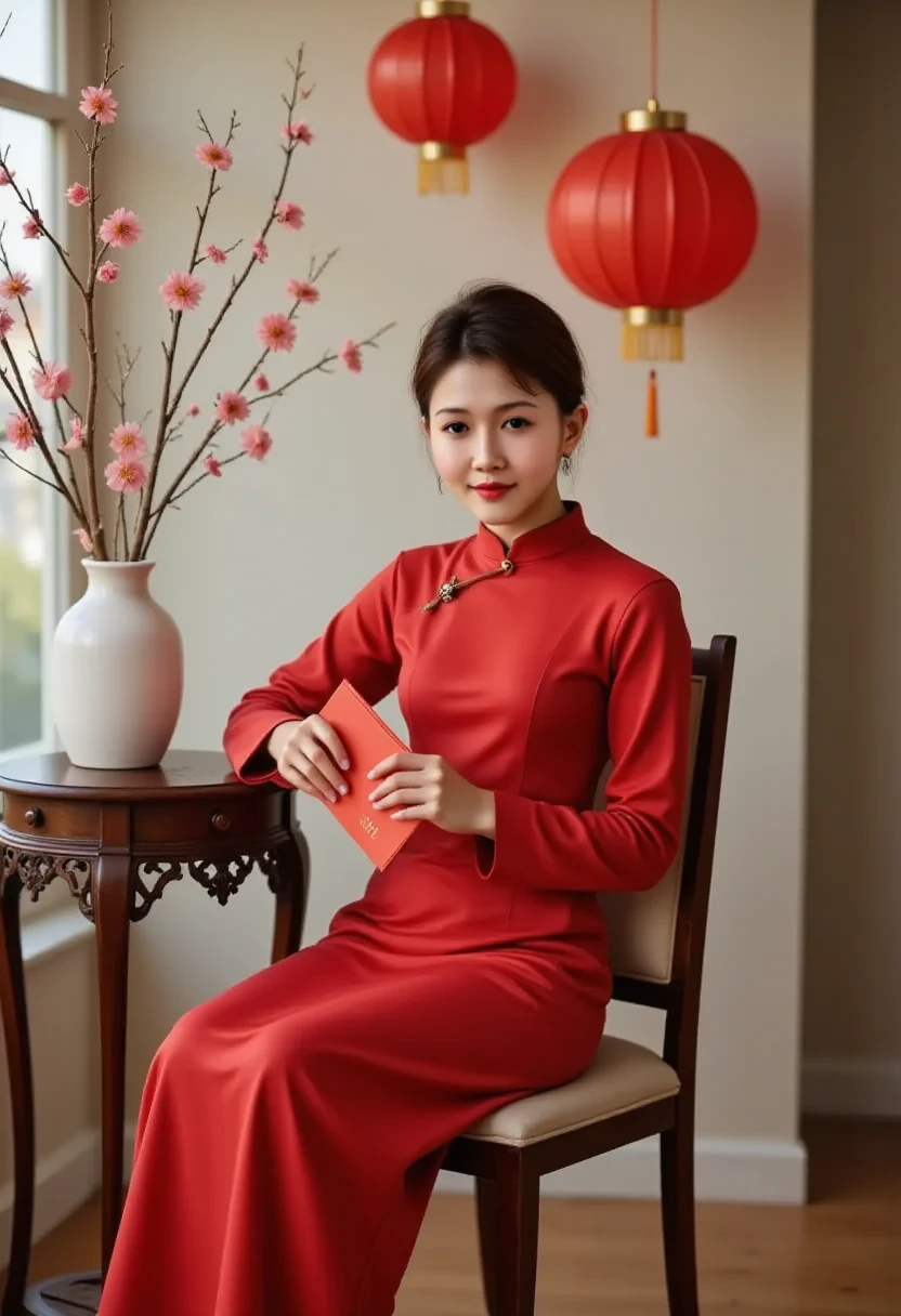 A TOK composite photo of a ao dai posing at different angles, in the style of TOK, A high-fashion editorial shot of Lisamy and Lasisan dressed in a vibrant red silk ao dai with exaggerated, stylized sleeves and a dramatic high collar. Her hair is arranged in a high-fashion, structured bun, with delicate loose strands adding a touch of elegance. She holds a red lì xì envelope, adding a pop of traditional flair. She sits on a vintage wooden chair with intricate carvings, flanked by a tall peach blossom in a white vase and a stunning arrangement of traditional Vietnamese fruits, all meticulously styled. The background is adorned with oversized red lanterns and minimal Tet decorations, creating an elevated, chic setting that blends modern editorial photography with cultural heritage