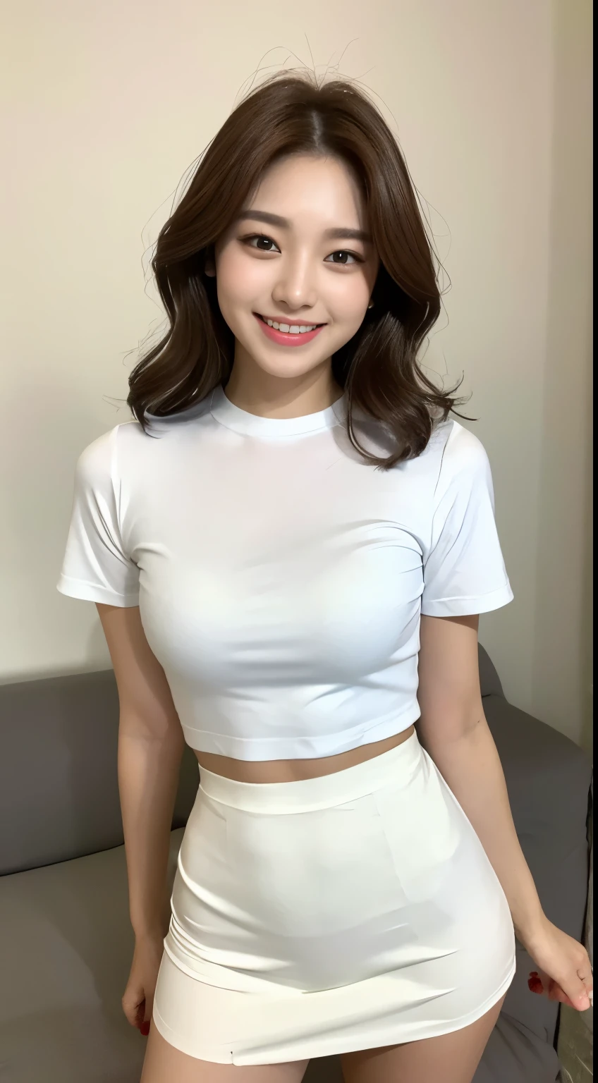 White tight shirt、White tight mini skirt、bed、smile、Short sleeve、high resolution、Korean idol face、double eyelid、White teeth、Medium Hair