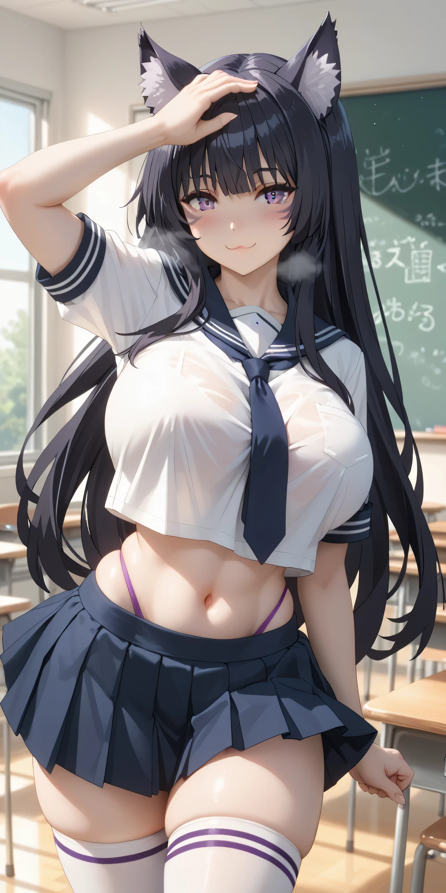 Tall girl, Fit girl,score_9, score_8_up, score_7_up, score_6_up, uncensored, delta, long hair, black hair, animal ears, purple eyes, cat ears, animal ear fluff, facial mark,huge breast, 1girl, solo, skirt, chalkboard, breasts, school_uniform, thighhighs, navel, crop_top, large_breasts, smile, long_hair, looking_at_viewer, serafuku, blue_skirt, pleated_skirt, white_thighhighs, midriff, bangs, indoors, classroom, sailor_collar, thighs, crop_top_overhang, short_sleeves, skindentation, shirt, miniskirt, cowboy_shot, necktie, closed_mouth, zettai_ryouiki, white_shirt, stomach, sensual pose, from aside, standing, hand on back head, thong, , heavy breath, seductive smile, blush, m pose, underwear, navel,