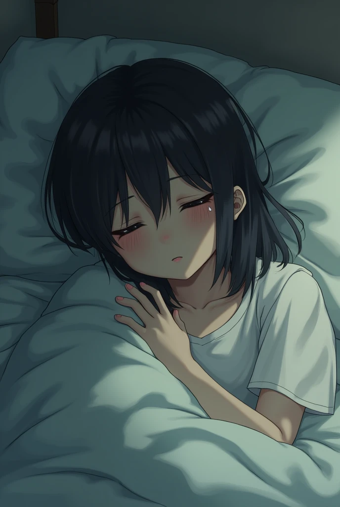 Realistic young adult girl sad and tears coming out of her eyes a lot in her bed, Whole body, WHITE POLE, cream pants, and white socks, her bed decorated with black flowers, vertically thrown, her legs stretched out and hands under her head
