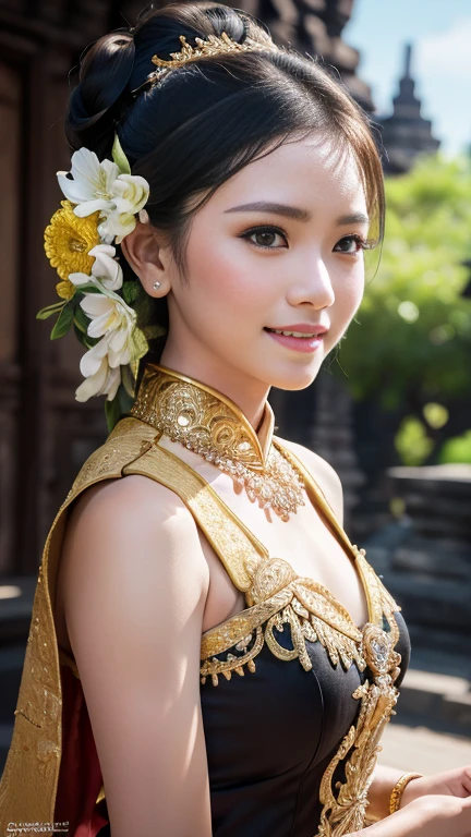 1female, a woman in the era of the Majapahit kingdom, is having a traditional Javanese wedding with gold and black ornaments, wearing a typical Javanese bun, with a charming and charming gaze, smiling, oriental female, with the Prambanan temple in the background, ancient Javanese era, cinematic photography, detailed, hyperrealism, great detail, 8k cinematic, high resolution, symmetrically, cinematic, color grading, photography, shot on 50mm lens, ultra-wide angle, depth of field, hyperdetailed, beautifully color-coded, insane detail, intricate detail, beautiful color grading, incredibly detailed and intricate, hyper maximal, elegant, hyperrealistic, super detailed, posing dynamic, photography, ultra-realistic, Full - HD, high detailed definition, Hyper detailed, 8k