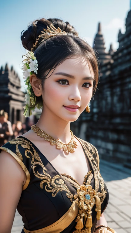 1female, a woman in the era of the Majapahit kingdom, is having a traditional Javanese wedding with gold and black ornaments, wearing a typical Javanese bun, with a charming and charming gaze, smiling, oriental female, with the Prambanan temple in the background, ancient Javanese era, cinematic photography, detailed, hyperrealism, great detail, 8k cinematic, high resolution, symmetrically, cinematic, color grading, photography, shot on 50mm lens, ultra-wide angle, depth of field, hyperdetailed, beautifully color-coded, insane detail, intricate detail, beautiful color grading, incredibly detailed and intricate, hyper maximal, elegant, hyperrealistic, super detailed, posing dynamic, photography, ultra-realistic, Full - HD, high detailed definition, Hyper detailed, 8k