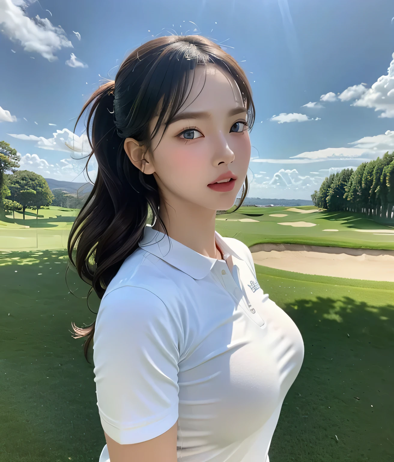 high quality photorealistic image of a girl wearing golf attire, beautiful detailed eyes, beautiful detailed lips, extremely detailed eyes and face, long eyelashes, athletic fit, holding golf club, golf course background, sunlight, blue sky, green grass, fluffy clouds, serene landscape, vibrant colors, cinematic lighting, masterpiece, 8k