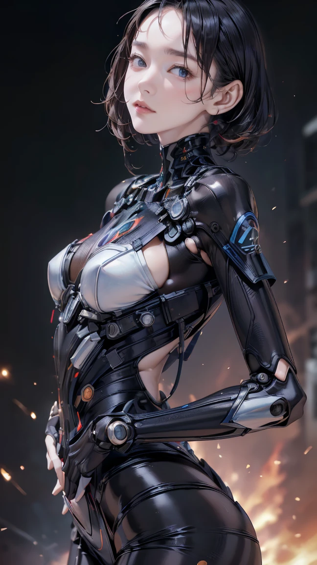 ((Best quality)), ((masterpiece)), (detailed: 1.4), (((back))), ((Perfect ass)), A muscular 35-year-old warrior woman almost naked in the Simon Bisley style for the cover of Heavy Metal magazine, bare thighs, tiny thong, garter belt, (((super short black hair))), clean face, Minimal clothing, red carbon fiber cyberpunk outfit with small blue and white details, (((red clothing))), (((short-cut))), (((mature woman))), (((full body)), (((tiny red thhong)))