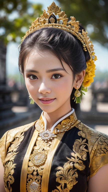 1female, a woman in the era of the Majapahit kingdom, is having a traditional Javanese wedding with gold and black ornaments, wearing a typical Javanese bun, with a charming and charming gaze, smiling, oriental female, with the Prambanan temple in the background, ancient Javanese era, cinematic photography, detailed, hyperrealism, great detail, 8k cinematic, high resolution, symmetrically, cinematic, color grading, photography, shot on 50mm lens, ultra-wide angle, depth of field, hyperdetailed, beautifully color-coded, insane detail, intricate detail, beautiful color grading, incredibly detailed and intricate, hyper maximal, elegant, hyperrealistic, super detailed, posing dynamic, photography, ultra-realistic, Full - HD, high detailed definition, Hyper detailed, 8k