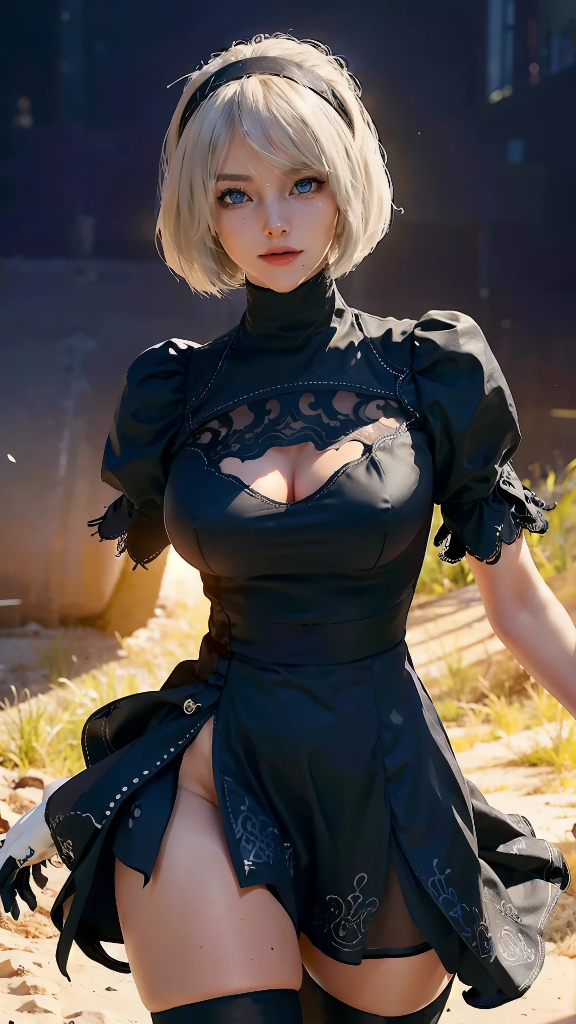 Yorha 2B,(best qualityer,4K,8k,high resolution,work of art:1.2)(weather: sunset), ghost city background, amusement park, freckles, black short sleeve long dress, black skater skirt, elbow long gloves, runes embroidery, thigh high boots, headband, eyeliner, short straight hair, white hair, ultra detailed, realistic,portraite,beautiful detailed blue eyes, glowing eyes,blush,beautiful detailed lips,extremely detailed eye and face, long eyelashes,sexly,average, large breasts,beaming smile, sexy smile,powerful girl, heroic pose, stunning curves,bright coloured,dramatic lighting,