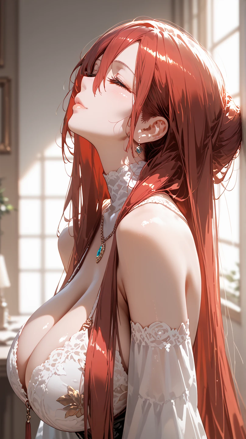 1girl, Solo, High Resolution, HD, Red Hair, Hair Between Eyes, Very Long Hair, Large breasts, Closed Eyes, From Side, looking up, wearing white towle