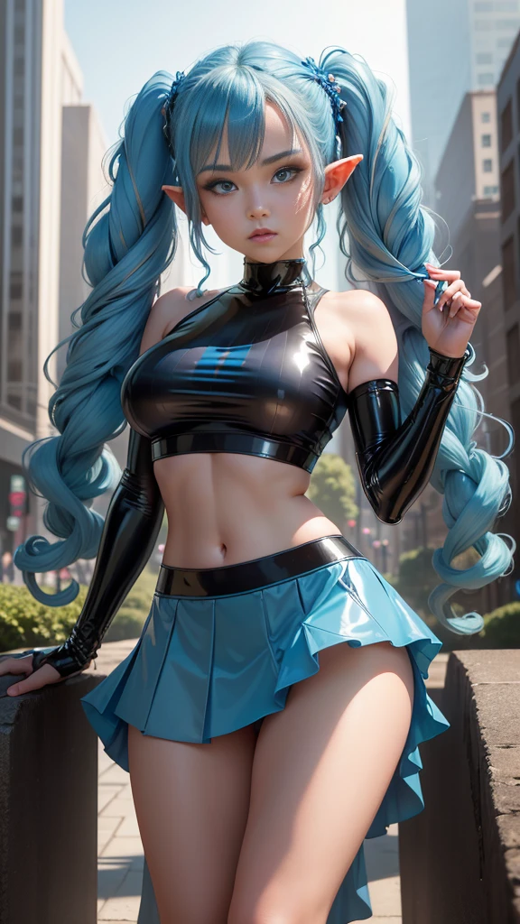 The character costume is KPOP, Hallyu, K-pop anime art style, Hallyu frontline style, Hallyu art style, kpop style, official artwork, Chibi art, Pisif, Blackpink style, cute. KPOP artwork in various poses, The popularity of Pisif art station, lingerie, 16 year old chibi, No watermark, Yellow miniskirt close to the body, open orange jacket, very short light blue top Strapless, necklin, cyberpunk style clothing,
