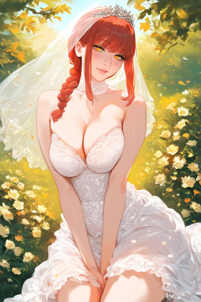 Masterpiece,(ultra detail), (detail face), girl standing on red spider lily flower field,(showing a beautiful sky full of stars), (wedding dress), sexy, erotic, large breast, dynamic pose, beautiful, red lip, eyeshadow, smile,flowers blown by the wind, soft breeze, red hair