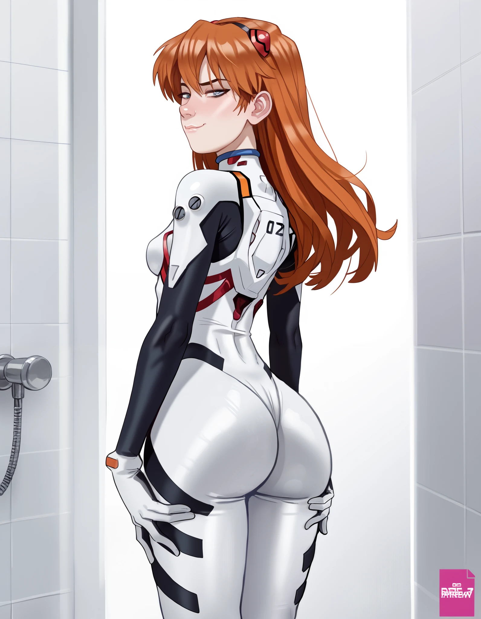 uploaded by andava,, best quality,,detailed,,girl,plugsuit, with smug expression,asuka,shapely legs,, asuka evangelion , asuka costume NSFW, , curvy, small breast, beautiful face, in a sexy pose, , bubble butt, in a dirty bathroom, red orange hair
