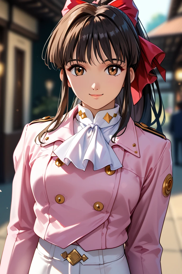 score_9, score_8_up, score_7_up, very aesthetic, source_anime, detailed, high quality, beautiful, masterpiece, detailed eyes,
blurry background, simple background, 
cowboy shot, smile,
looking at viewer, upper body,
shinguuji sakura, black hair, high ponytail, hair ribbon, red ribbon, brown hair, red bow, ponytail,
white pants, uniform, military uniform, pink jacket, white gloves, white ascot,, zPDXL