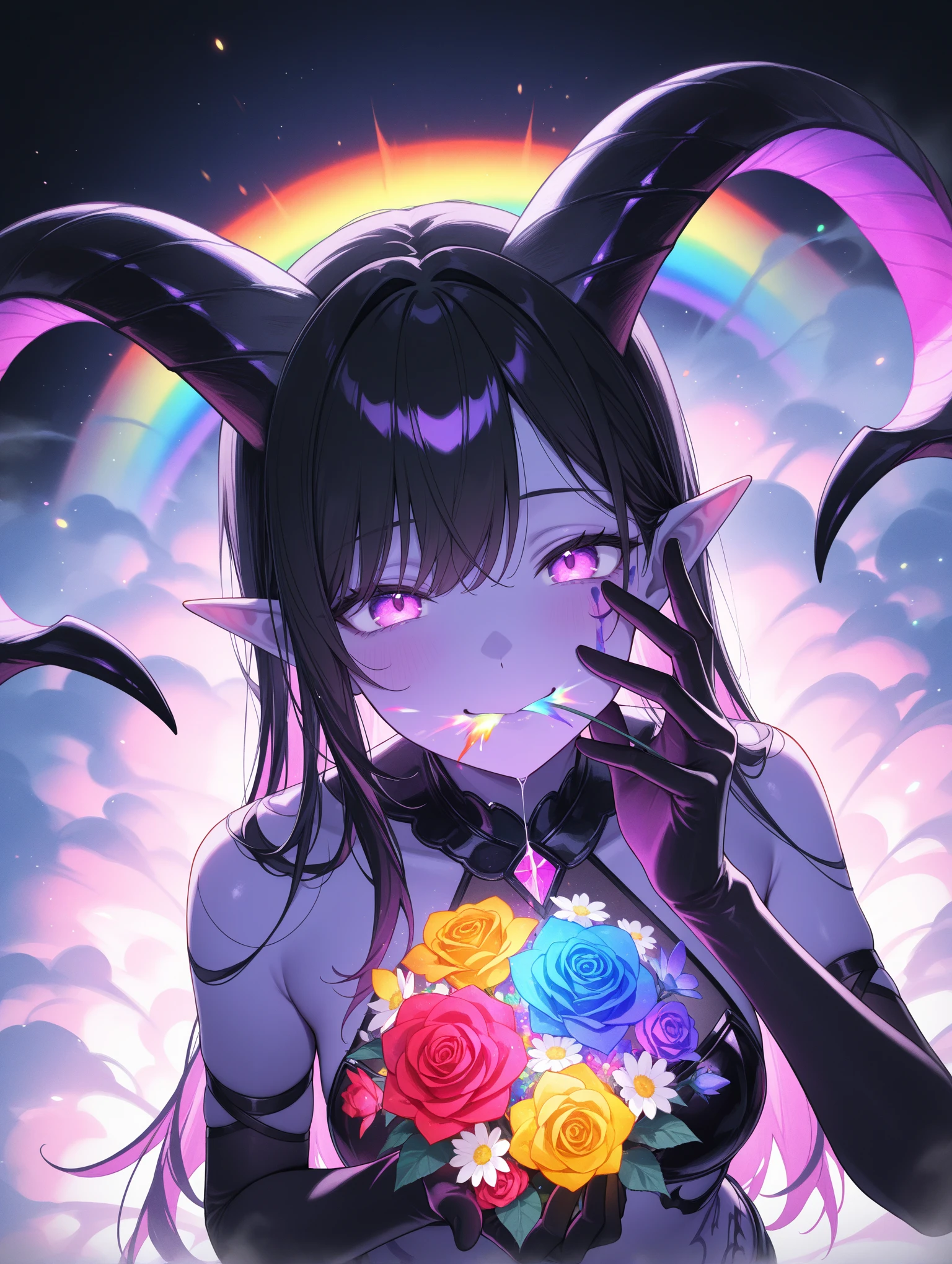 masterpiece, best quality, amazing quality, very aesthetic, absurdres, 
1girl, demon, (purple skin), glowing purple eyes, succubus, black hair, black body marks, bikini armor, large horns, 
magic circles, sweet expression, looks at the flower, close-up of face, face in shadow, body in shadow, dark setting, beautiful black dress, gloves on her hands, thin lips, narrow mouth, cat's smile, solo upper body, angle from above, Dutch angle, hand near the face, holding a flower, rose, rainbow, crystal, fragile, transparent, luminous, magical rose, very beautiful, bright, multicolored, little saliva in the mouth, glowing saliva, bright magical particles, smoke, fog, multicolored, small, colorful, explosion of colors, soft light, vibrant colors, multicolored rainbow light, focus on face, lots of soft light and colorful particles, colorful, masterpiece, best quality, amazing quality, very aesthetic, absurdres, newest, soft light, explosion of colors, masterpiece, best quality, colorful, bright, multicolored, bright colors of paint, lots of multicolored rainbow light, focus on the face, lots of soft light, soft colors, lots of colorful particles, dark, hard to see,

,masterpiece,best quality,newest,