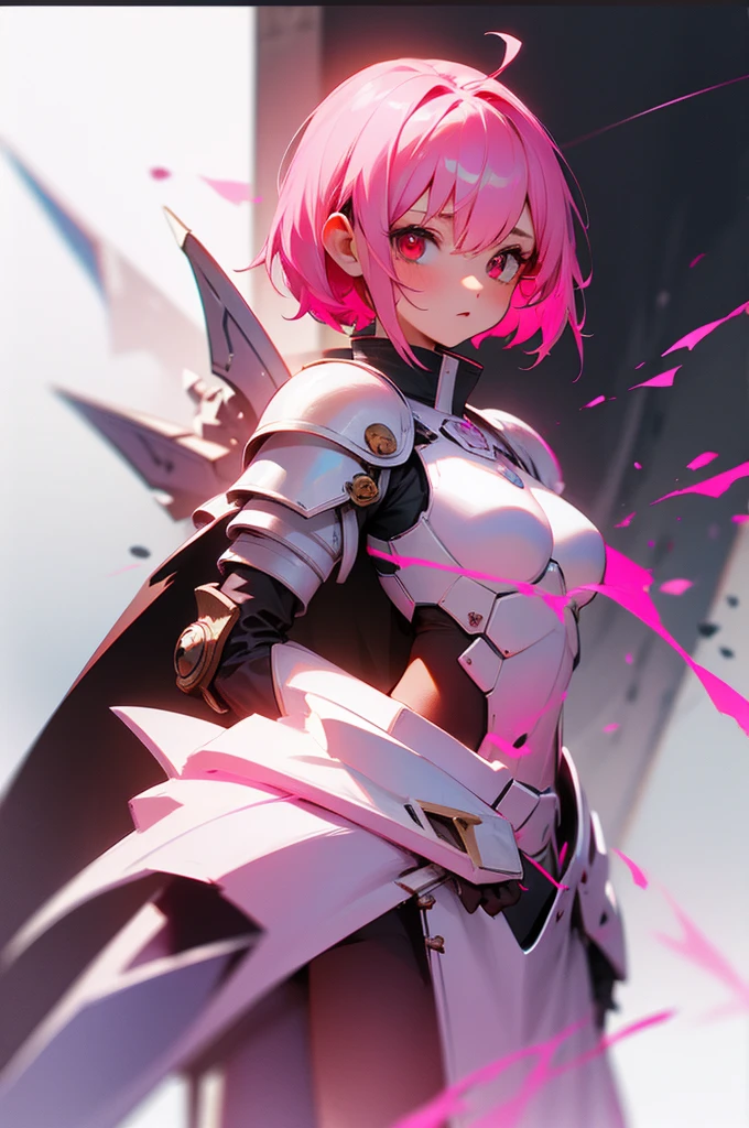 Mash Kyrielight fate grand order, blakc power suit and sleeve, gauntlet, bare shoulder, bare legs, holding cross design giant shield, perfect body shape, soldier aura, serious effect, pink short hair, dark purple pupil, masterpieces, fantasy world, hyper resolution, 16k wallpaper quality, ultra lighting
