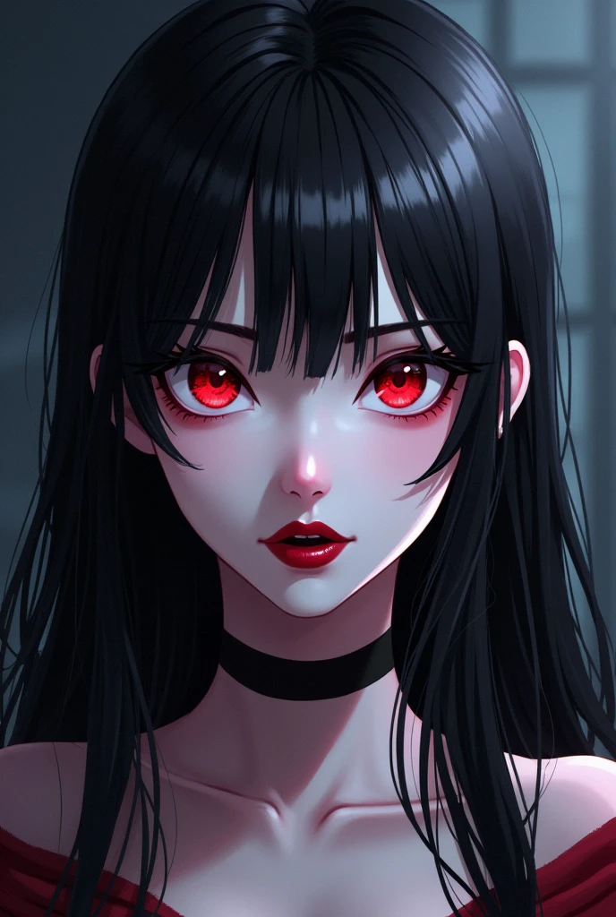 Top quality, detailed, beautiful one girl, yandere, crazy, eyes glowing red in the dark, black hair with purple inner color, gothic girl, fangs, full body,