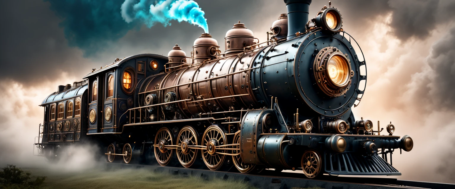 a steampunk time traveling train, a train engine, back bogies emerging from an electrical portal to another world, highly detailed, photorealistic, cinematic lighting, dramatic composition, intricate mechanical details, glowing electrical effects, moody color palette, dramatic clouds, volumetric lighting, hyper realistic, 8k, masterpiece