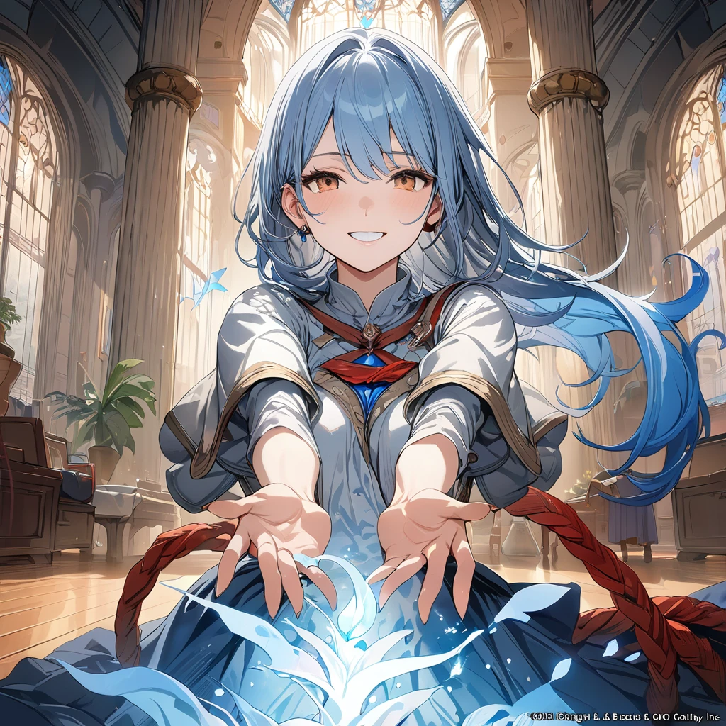 (masterpiece, best quality, best quality, official art, beautiful and aesthetic:1.2),(8k, best quality, masterpiece:1.2), (((masterpiece))),(((best quality))),(((highly detailed))),illustration, who, (masterpiece, best quality, best quality, official art, beautiful and aesthetic:1.2),(8k, best quality, masterpiece:1.2),masterpiece, best quality, illustration, high resolution, very detailed, 1girl, ,epic fantasy scene, she looks happy, blue fire, female, long grayish blue hair, brown eyes, independent woman, smiling, white background, magic theme, modest clothing, clenched fists, skirt pulled down, closed clothing, open hands, red rope on elbows,