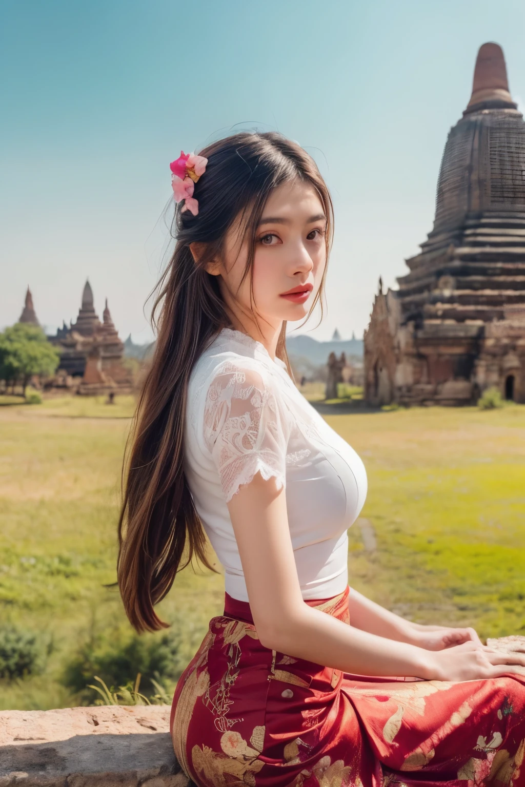 (Portrait Photography:1.2), (upper half-body photo), (cinematic lighting), (beautiful lady), (soft focus), (long hair), (golden hour lighting), (captivating gaze), (flowing locks), (attention to hair details), (modelshoot style), (elegant posture), (detailed hair texture), (8K resolution), (ethereal beauty), (trending on Instagram), (captivating colors), (attention to composition), (attention to skin texture), (model in focus), (timeless elegance), acmm ls outfit, wearing acmm lace top, pink lace acmm top, short sleeves, wearing acmm long skirt, floral deep red acmm long skirt, printed skirt, holding flowers,((outdoors, scenery, traditional media, sky, day, photo background, real world location, architecture, nature, ruins, landscape, bagan ancient pagoda background))