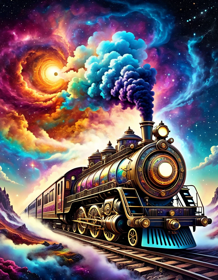 A retro-future train emerges from a nebula. Time-Traveling Train, highly detailed, intricate gears and mechanisms, billowing steam, ornate brass fittings, A retro-future train running through a surreal and fantasy galactic landscape, Colorful Nebula, cinematic composition, dramatic shadows, vibrant colors, photorealistic. ink art, rainbow highlights