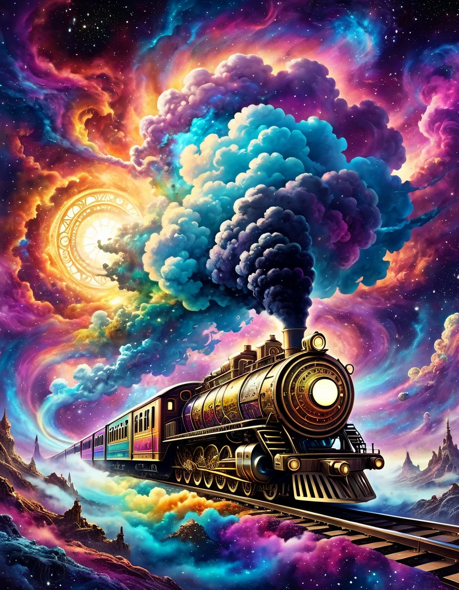 A retro-future train emerges from a nebula. Time-Traveling Train, highly detailed, intricate gears and mechanisms, billowing steam, ornate brass fittings, A retro-future train running through a surreal and fantasy galactic landscape, Colorful Nebula, cinematic composition, dramatic shadows, vibrant colors, photorealistic. ink art, rainbow highlights