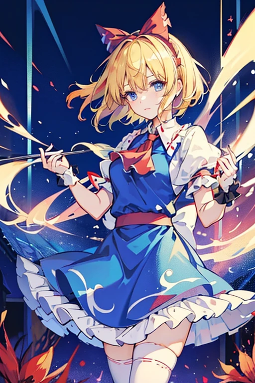 1girl, alice margatroid (touhou), blue eyes, medium hair, blonde hair, white capelet, blue dress, frilled dress, frilled ascot, red ascot, puffy short sleeves, red hairband, ****ta hairband, frilled hairband, grimoire of alice, doll, shanghai_doll_(touhou), blonde_hair, blue_eyes apron, boots, dress, hair_bow, red ribbon on head, weapon, lance, maid, doll It's Christmas night, and we're having a fun Christmas party with seven colorful dolls and lots of sweets.
Eat a giant roast turkey in a restaurant with the characters from the Touhou Project(touhou)