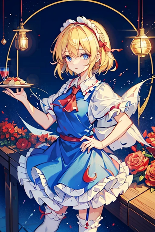 1girl, alice margatroid (touhou), blue eyes, medium hair, blonde hair, white capelet, blue dress, frilled dress, frilled ascot, red ascot, puffy short sleeves, red hairband, lolita hairband, frilled hairband, grimoire of alice, doll, shanghai_doll_(touhou), blonde_hair, blue_eyes apron, boots, dress, hair_bow, red ribbon on head, weapon, lance, maid, doll It's Christmas night, and we're having a fun Christmas party with seven colorful dolls and lots of sweets.
Eat a giant roast turkey in a restaurant with the characters from the Touhou Project(touhou)