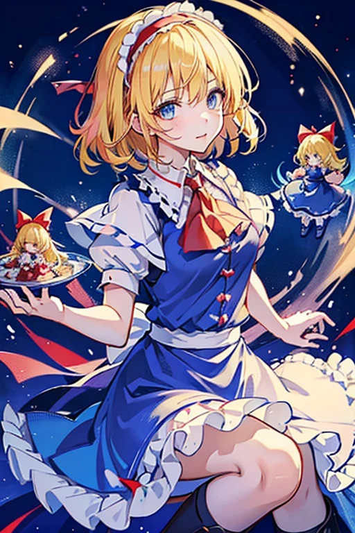 1girl, alice margatroid (touhou), blue eyes, medium hair, blonde hair, white capelet, blue dress, frilled dress, frilled ascot, red ascot, puffy short sleeves, red hairband, lolita hairband, frilled hairband, grimoire of alice, doll, shanghai_doll_(touhou), blonde_hair, blue_eyes apron, boots, dress, hair_bow, red ribbon on head, weapon, lance, maid, doll It's Christmas night, and we're having a fun Christmas party with seven colorful dolls and lots of sweets.
Eat a giant roast turkey in a restaurant with the characters from the Touhou Project(touhou)