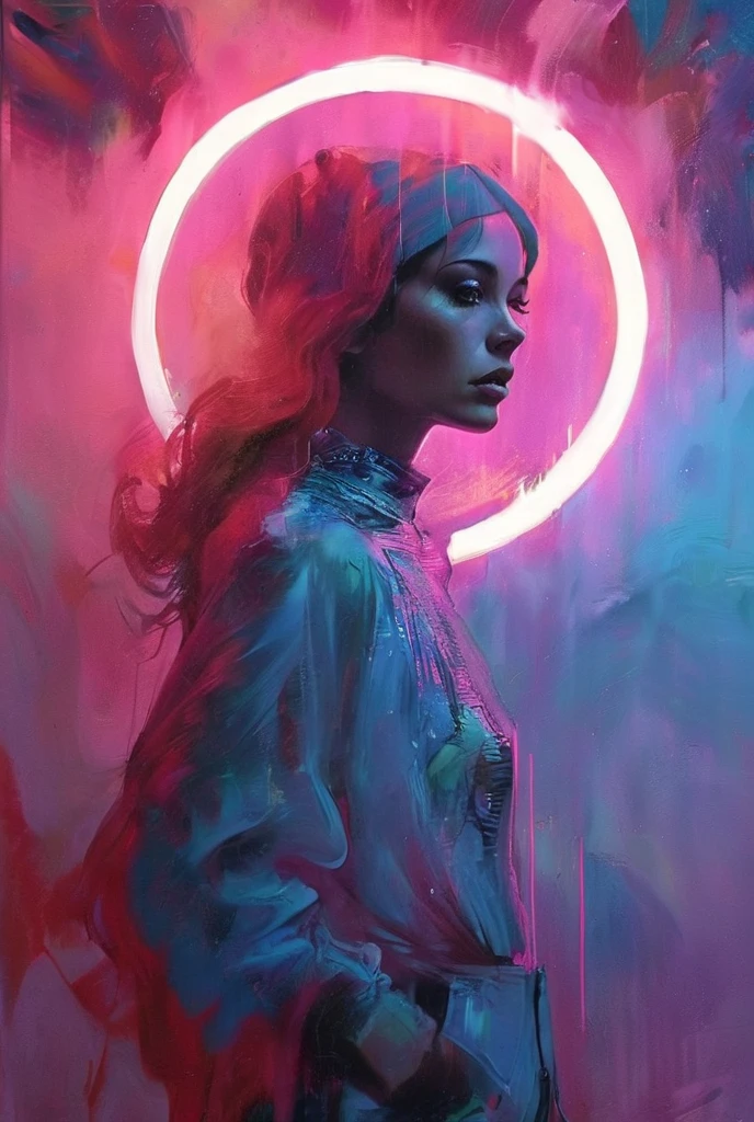 In a mesmerizing oil painting, a mysterious figure emerges from a haze of swirling colors. Their retro attire shines with metallic accents, while vibrant neon lights illuminate their expressionless face. The composition exudes nostalgia and intrigue, leaving viewers longing for a forgotten era. the gardens of sound made out of ral-hlgrphic,( hyperrealistic art breathtaking a lineart (vibrant alcohol ink sketch). [magnificent faetastic , , intriguing weirdness, color schemes extravaganza, mystery of darkness, unusual natural aesthetics, glossy].