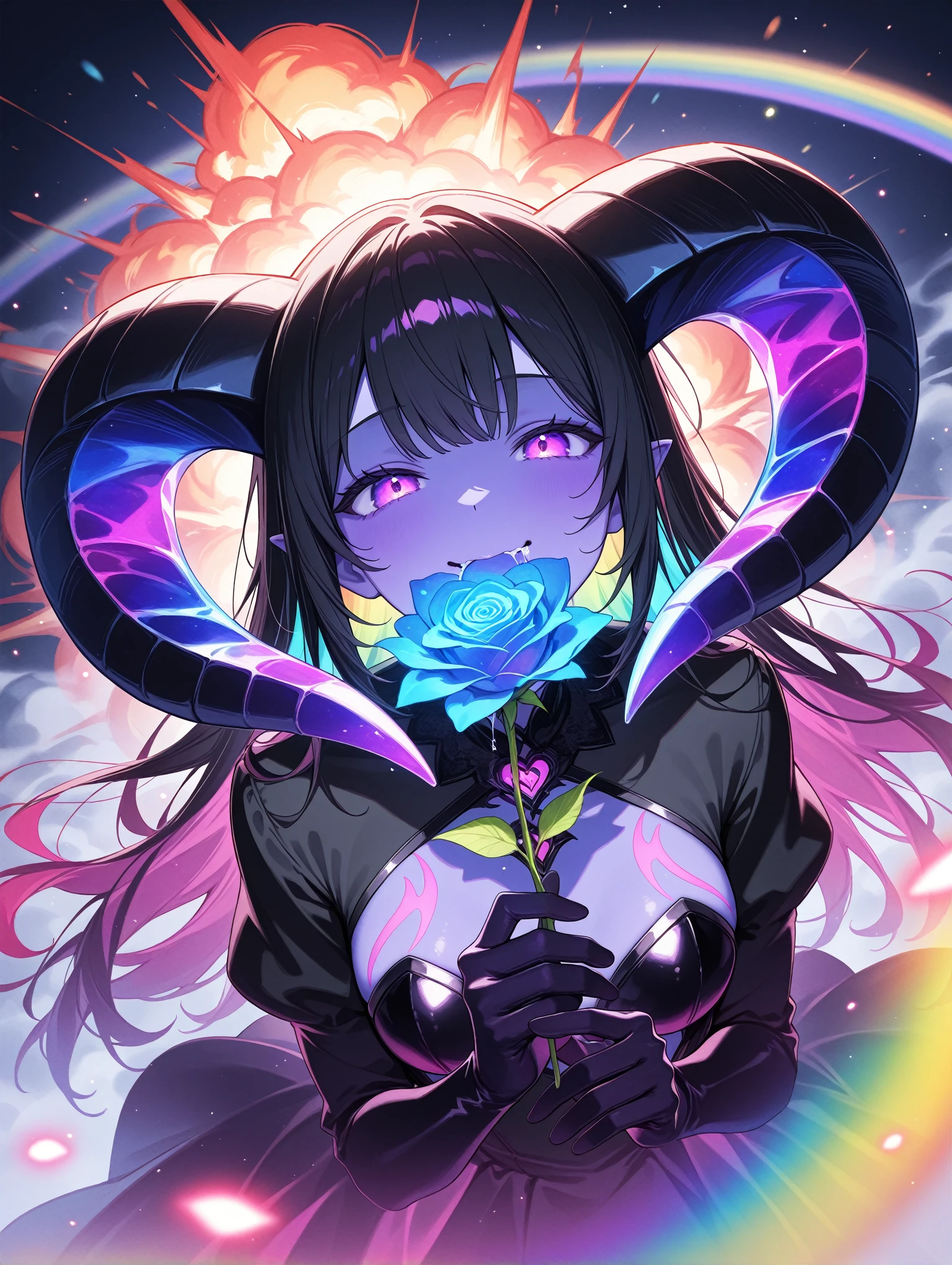 
1girl, demon, (purple skin), glowing purple eyes, succubus, black hair, black body marks, bikini armor, large horns, 
magic circles, sweet expression, looks at the flower, close-up of face, face in shadow, body in shadow, dark setting, beautiful black dress, gloves on her hands, thin lips, narrow mouth, cat's smile, solo upper body, angle from above, Dutch angle, hand near the face, holding a flower, rose, rainbow, crystal, fragile, transparent, luminous, magical rose, very beautiful, bright, multicolored, little saliva in the mouth, glowing saliva, bright magical particles, smoke, fog, multicolored, small, colorful, explosion of colors, soft light, vibrant colors, multicolored rainbow light, focus on face, lots of soft light and colorful particles, colorful, soft light, explosion of colors, masterpiece, best quality, colorful, bright, multicolored, bright colors of paint, lots of multicolored rainbow light, focus on the face, lots of soft light, soft colors, lots of colorful particles, dark, hard to see,

,masterpiece,best quality,newest,