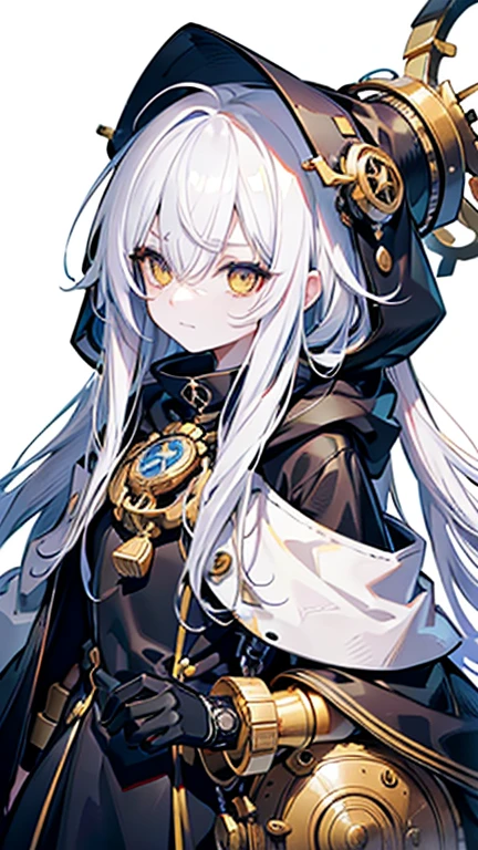 biologically correct, many gear are there, machine girel, white hair, ahoge, long hair, shiny hair, hair over one eye, hood up, mole under eye, raised eyebrows, mismatched pupils, yellow eyes, longeyelashes, sad, forced smile, anime,  UHD, retina, masterpiece, accurate, anatomically correct, super detail, high details, high quality, best quality, highres, 1080P, HD, 16k,"Mechanism" refers to clever devices, detailed mechanisms, and contraptions. It also includes escapements, mainsprings, spur gears, etc. included in mechanical watches. The model is a mechanical pocket watch.There is a huge gear in the background.