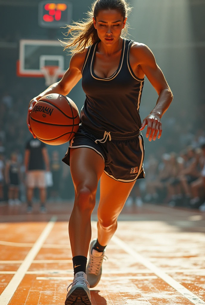 1girl, large, full breasts, small waist, big ass, ((full body)), athletic body, well distributed body, ((dark skin tone)), (white hair), short hair, muscles, light brown eyes, eyes extremely detailed, beautiful eyes, sweaty, tired, satisfied, ((side boobs basketball shirt)), ((cnapped micro shorts)) , necklace, basketball court, (masterpiece, best quality, high resolution, ultra detailed), night, depth of field, low angle, bottom view, (incredibly detailed and expressive image)