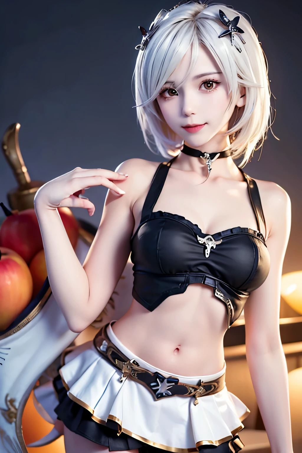 (masterpiece,  Best Quality :1.2), cowboy shot, Alone, 1 , djeeta, pale skin,  malevolent smile ,  looking at the viewer, holding apple , white hair,  red eyes , , crop top, sleeveless,  Black skirt ,  choker