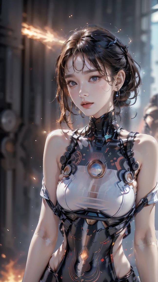 Top Quality, Masterpiece, Ultra High Resolution, (Photorealistic: 1.4), Raw Photo, 1 Girl, Black Hair, Glossy Skin, 1 Mechanical Girl, (Ultra Realistic Details)), Portrait, Global Illumination, Shadows, Octane Rendering, 8K, Ultra Sharp, Big, Cleavage Exposed Raw Skin, Metal, Intricate Ornament Details, Egyptian Details, Very intricate details, realistic light, CGSoation trend, purple eyes, glowing eyes, facing the camera, neon details, mechanical limbs, blood vessels connected to the tube, mechanical vertebrae attached to the back, mechanical cervical attachment to the neck, sitting, wires and cables connecting to the head, evangelion, small LED lamp,