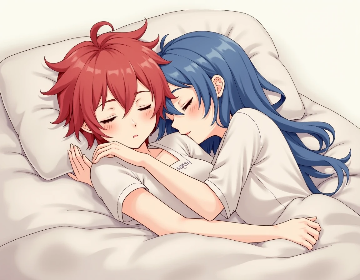  bed,Older sister, erza scarlet (Fairy Tail),Nightwear, red hair, boobs,valley, pajamas ,Sleeping horizontally, s,Shota, Cute Boy 