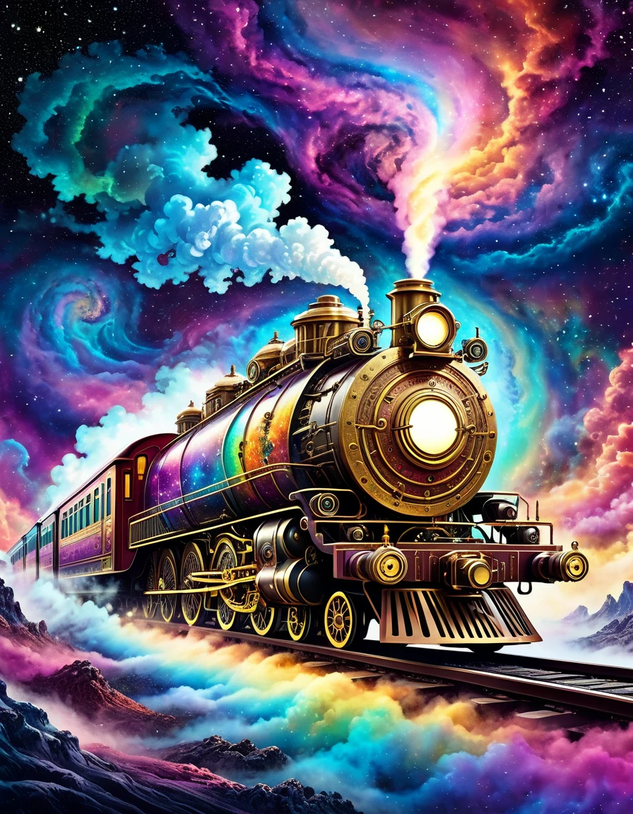 A retro-future train emerges from a nebula. Time-Traveling Train, highly detailed, intricate gears and mechanisms, billowing steam, ornate brass fittings, A retro-future train running through a surreal and fantasy galactic landscape, Colorful Nebula, cinematic composition, dramatic shadows, vibrant colors, photorealistic. ink art, rainbow highlights