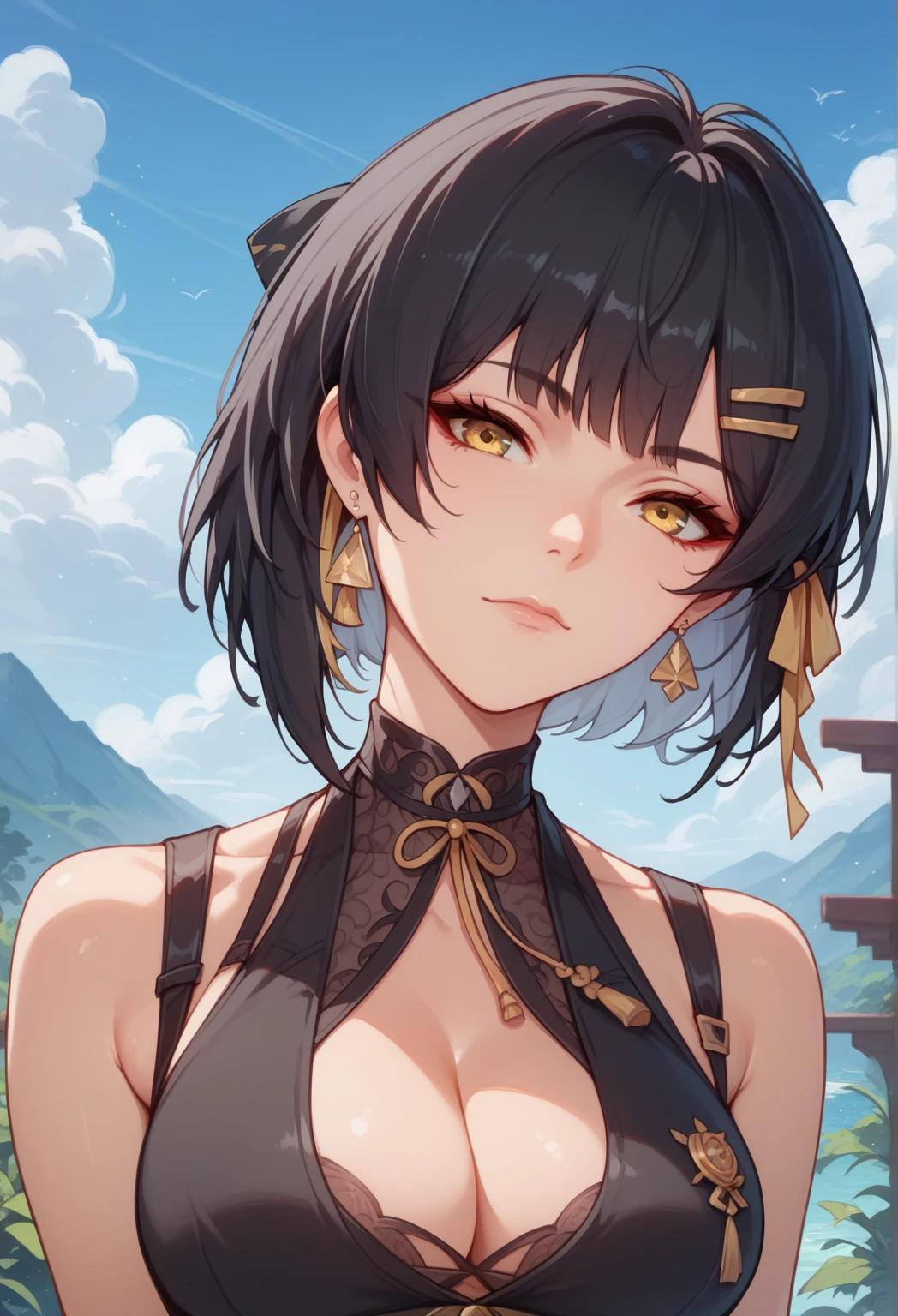 score_9,score_8_up,score_7_up,score_6_up rover-wuwa, 1girl, solo, ribbon, looking at viewer, short hair, black hair, yellow eyes, upper body, breasts, hair ornament, closed mouth, hairclip, cleavage, bangs, earrings, sky, hair ribbon, jewelry, outdoors, black dress, sleeveless